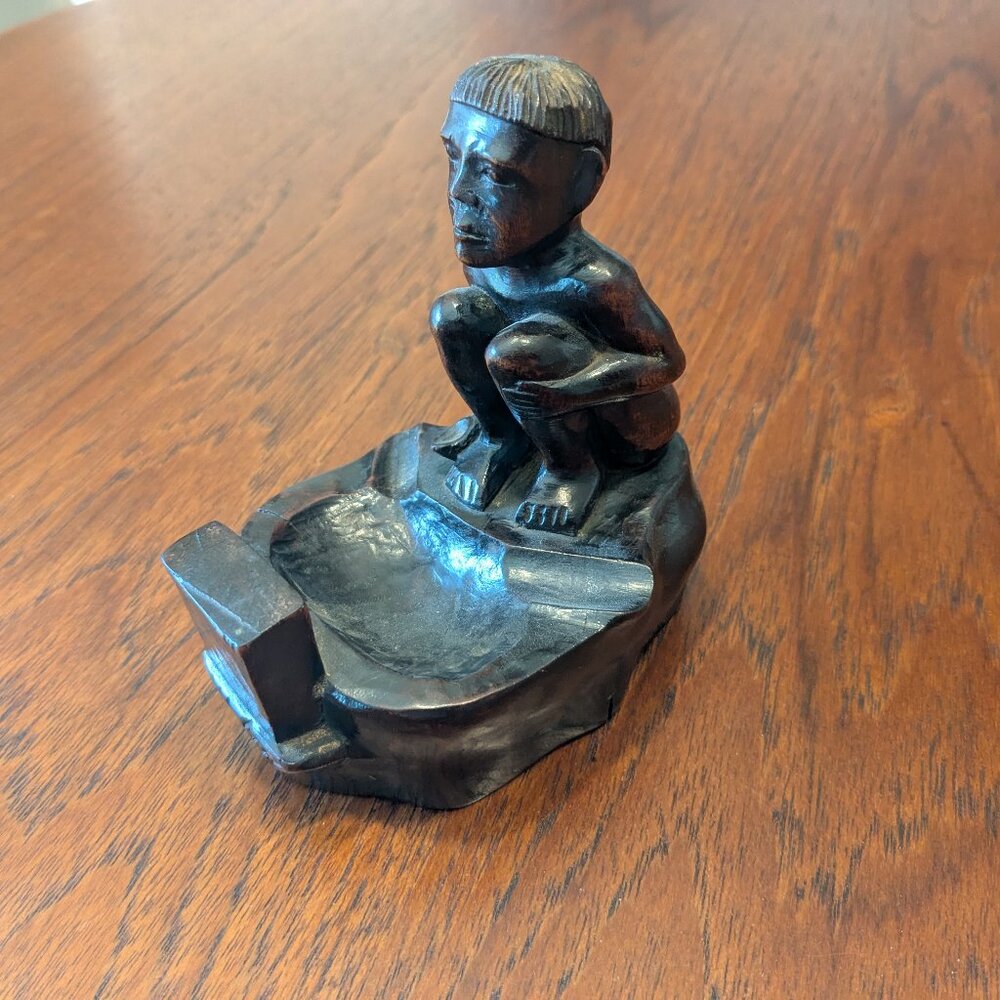 Vintage Carved Wood Figure Ashtray Bowl Tribal Ethnic Squatting Man Decor